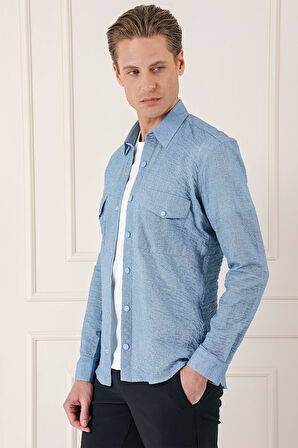 G 1569 Kapaklı Cep Batik Desenli %100 Pamuk Çıtçıtlı Mavi Gömlek