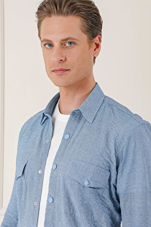 G 1569 Kapaklı Cep Batik Desenli %100 Pamuk Çıtçıtlı Mavi Gömlek