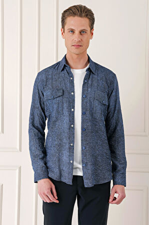 G 1569 Kapaklı Cep Batik Desenli %100 Pamuk Çıtçıtlı Lacivert Gömlek