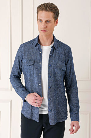 G 1569 Kapaklı Cep Batik Desenli %100 Pamuk Çıtçıtlı Lacivert Gömlek