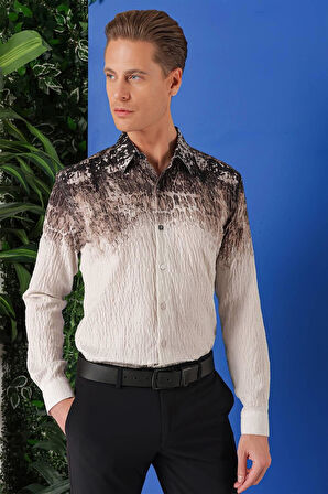 G 1570 Comfort Fit Pano Desen Kırışık Dokulu %100 Pamuk Açık Kahve Gömlek