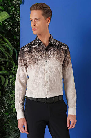 G 1570 Comfort Fit Pano Desen Kırışık Dokulu %100 Pamuk Açık Kahve Gömlek