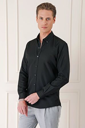 Gk 717 Slim Fit Düğmeli Yaka Dokulu Pamuklu Klasik Siyah Gömlek