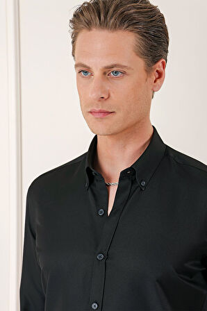 Gk 717 Slim Fit Düğmeli Yaka Dokulu Pamuklu Klasik Siyah Gömlek