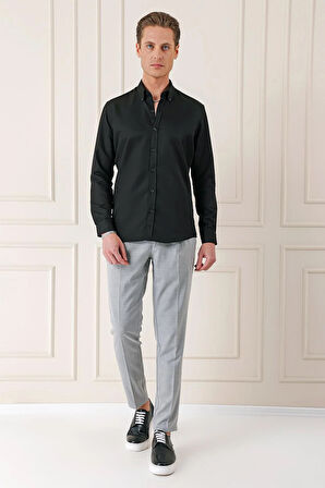 Gk 717 Slim Fit Düğmeli Yaka Dokulu Pamuklu Klasik Siyah Gömlek