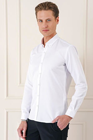 Gk 717 Slim Fit Düğmeli Yaka Dokulu Pamuklu Klasik Beyaz Gömlek
