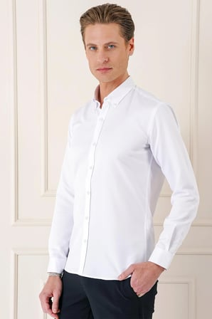 Gk 717 Slim Fit Düğmeli Yaka Dokulu Pamuklu Klasik Beyaz Gömlek