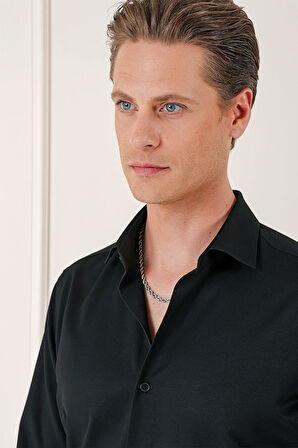 Gk 718 Slim Fit Dokulu Pamuklu Klasik Siyah Gömlek