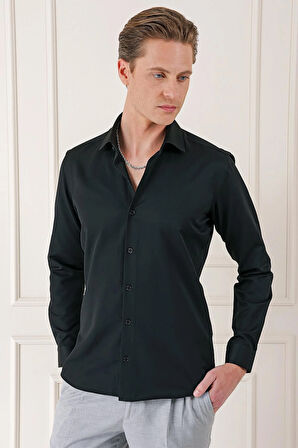 Gk 718 Slim Fit Dokulu Pamuklu Klasik Siyah Gömlek