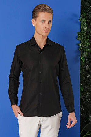 Gk 719 Slim Fit Dokulu Pamuklu Klasik Siyah Gömlek