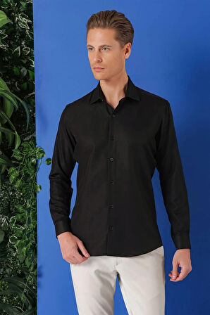 Gk 719 Slim Fit Dokulu Pamuklu Klasik Siyah Gömlek