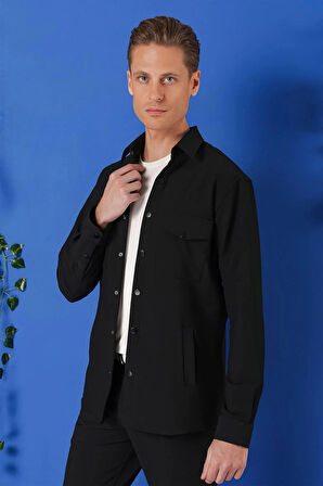 G 1565 Comfort Fit Yan Cep Çıtçıtlı Esnek Pamuk Siyah Gömlek Ceket