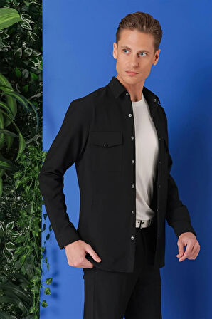 G 1565 Comfort Fit Yan Cep Çıtçıtlı Esnek Pamuk Siyah Gömlek Ceket