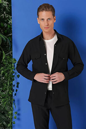 G 1565 Comfort Fit Yan Cep Çıtçıtlı Esnek Pamuk Siyah Gömlek Ceket