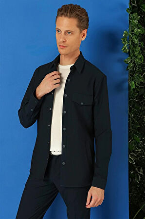 G 1565 Comfort Fit Yan Cep Çıtçıtlı Esnek Pamuk Lacivert Gömlek Ceket