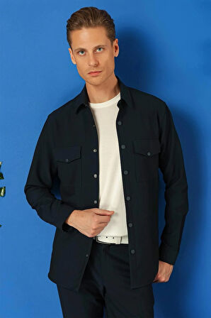 G 1565 Comfort Fit Yan Cep Çıtçıtlı Esnek Pamuk Lacivert Gömlek Ceket