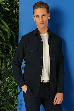 G 1565 Comfort Fit Yan Cep Çıtçıtlı Esnek Pamuk Lacivert Gömlek Ceket