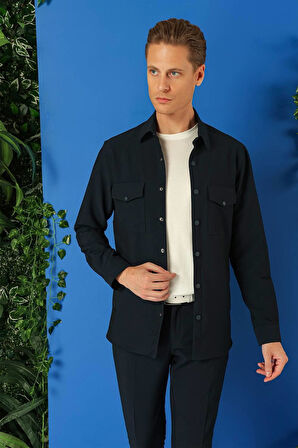 G 1565 Comfort Fit Yan Cep Çıtçıtlı Esnek Pamuk Lacivert Gömlek Ceket