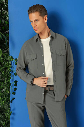 G 1565 Comfort Fit Yan Cep Çıtçıtlı Esnek Pamuk Nefti Gömlek Ceket