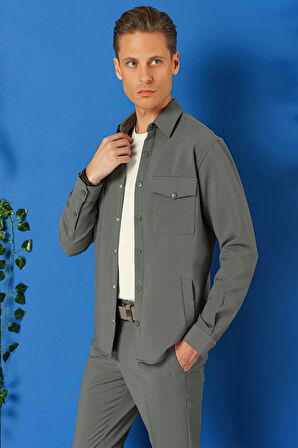 G 1565 Comfort Fit Yan Cep Çıtçıtlı Esnek Pamuk Nefti Gömlek Ceket