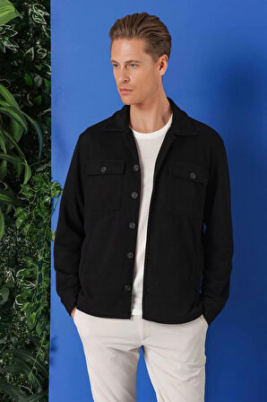 G 1561 Comfort Fit Kapaklı Cep Fitilli Dokuma Esnek Pamuk Siyah Gömlek Ceket