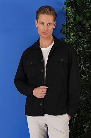 G 1561 Comfort Fit Kapaklı Cep Fitilli Dokuma Esnek Pamuk Siyah Gömlek Ceket