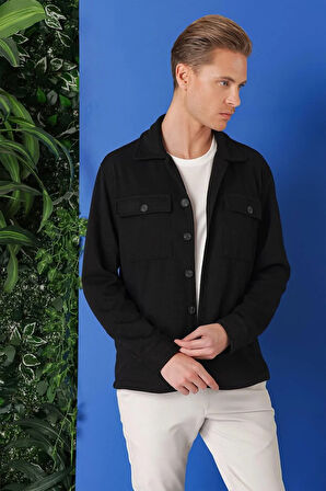 G 1561 Comfort Fit Kapaklı Cep Fitilli Dokuma Esnek Pamuk Siyah Gömlek Ceket