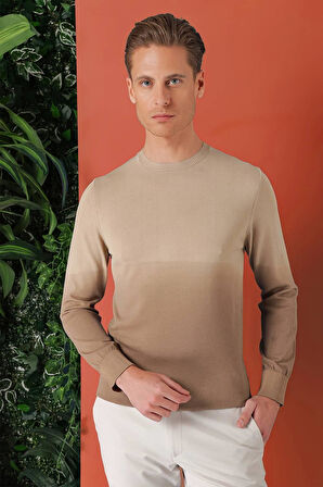 Tr 866 Slim Fit Degrade Desen Bisiklet Yaka Bej Triko