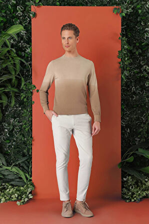 Tr 866 Slim Fit Degrade Desen Bisiklet Yaka Bej Triko