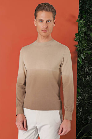 Tr 866 Slim Fit Degrade Desen Bisiklet Yaka Bej Triko