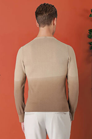 Tr 866 Slim Fit Degrade Desen Bisiklet Yaka Bej Triko