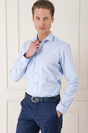 Gk 720 Slim Fit Dokulu Pamuklu Klasik Mavi Gömlek
