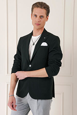 C 670 Comfort Fit Torba Cep Şeritli Dokuma Pamuk Casuel Siyah Ceket