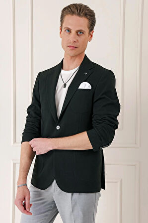 C 670 Comfort Fit Torba Cep Şeritli Dokuma Pamuk Casuel Siyah Ceket