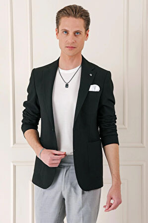 C 670 Comfort Fit Torba Cep Şeritli Dokuma Pamuk Casuel Siyah Ceket