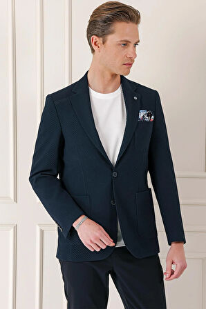 C 670 Comfort Fit Torba Cep Şeritli Dokuma Pamuk Casuel Lacivert Ceket