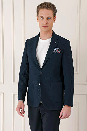 C 670 Comfort Fit Torba Cep Şeritli Dokuma Pamuk Casuel Lacivert Ceket