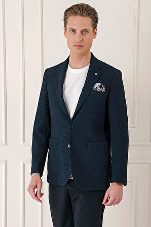 C 670 Comfort Fit Torba Cep Şeritli Dokuma Pamuk Casuel Lacivert Ceket