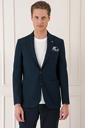 C 670 Comfort Fit Torba Cep Şeritli Dokuma Pamuk Casuel Lacivert Ceket