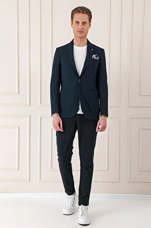 C 670 Comfort Fit Torba Cep Şeritli Dokuma Pamuk Casuel Lacivert Ceket