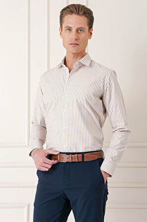Gk 721 Slim Fit Dikine Çizgili %100 Pamuk Klasik Bej Beyaz Gömlek
