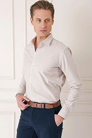 Gk 721 Slim Fit Dikine Çizgili %100 Pamuk Klasik Bej Beyaz Gömlek