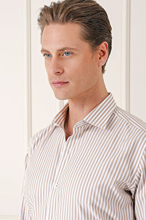 Gk 721 Slim Fit Dikine Çizgili %100 Pamuk Klasik Bej Beyaz Gömlek