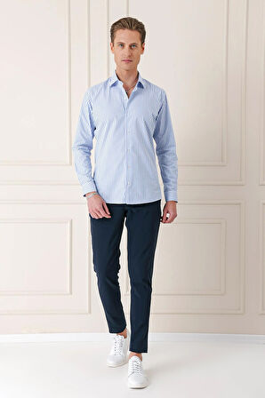 Gk 721 Slim Fit Dikine Çizgili %100 Pamuk Klasik Mavi Beyaz Gömlek