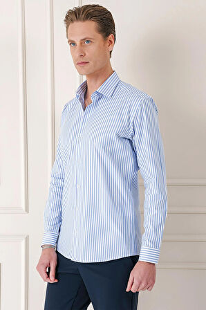 Gk 721 Slim Fit Dikine Çizgili %100 Pamuk Klasik Mavi Beyaz Gömlek