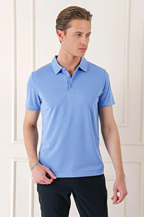 Ts 879 Slim Fit Düğmeli Polo Yaka Pamuklu Mavi Tişört