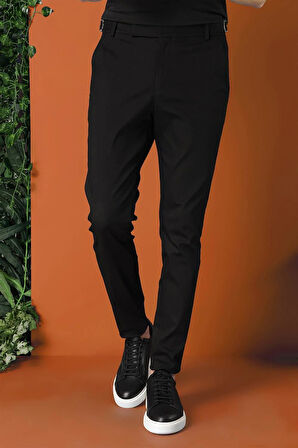 Comfort Fit Yandan Tokalı Düz Esnek Pamuk Casual Siyah Pantolon P 1152