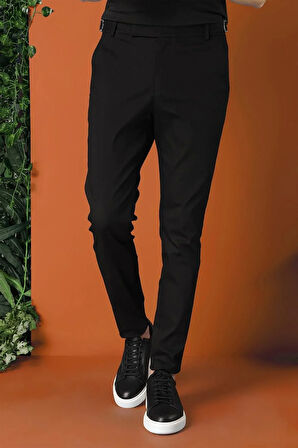 Comfort Fit Yandan Tokalı Düz Esnek Pamuk Casual Siyah Pantolon P 1152