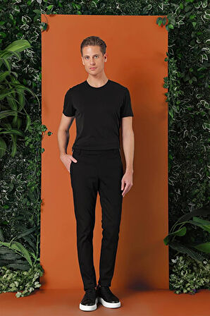 Comfort Fit Yandan Tokalı Düz Esnek Pamuk Casual Siyah Pantolon P 1152