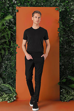 Comfort Fit Yandan Tokalı Düz Esnek Pamuk Casual Siyah Pantolon P 1152